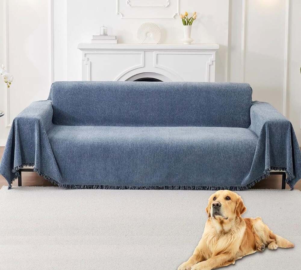 Chenille Couch Cover Size 91" x 134" Blue Pet Slipcover